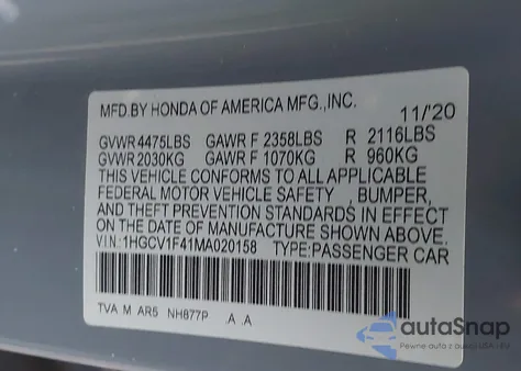 2021 Honda Accord Sport Special Edition z USA, uszkodzony, nr VIN 1HGCV1F41MA020158